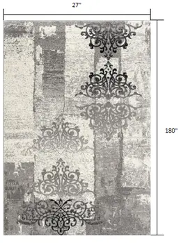15' Gray Damask Dhurrie Runner Rug