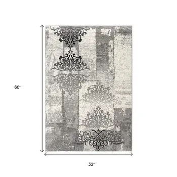 3' X 5' Gray And Ivory Damask Distressed Area Rug