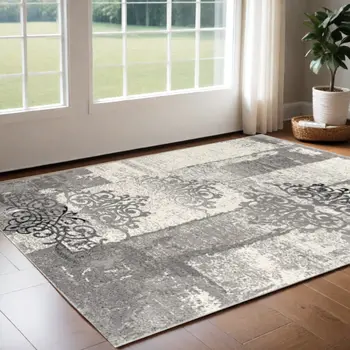 3' X 5' Gray And Ivory Damask Distressed Area Rug