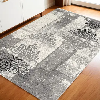 4' X 6' Gray And Ivory Damask Distressed Area Rug