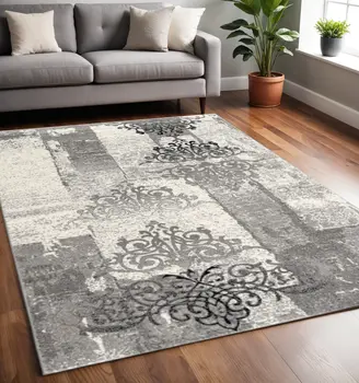 5' X 7' Gray Damask Dhurrie Area Rug