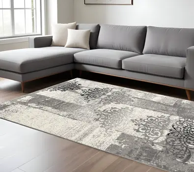 6' X 9' Gray Damask Dhurrie Area Rug