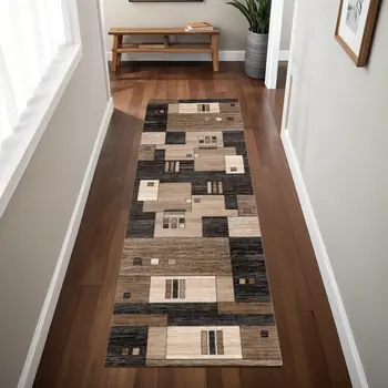 8' Brown and Black Abstract Power Loom Runner Rug
