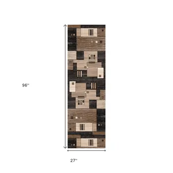 8' Brown and Black Abstract Power Loom Runner Rug