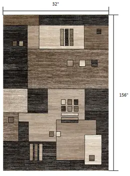 13' Beige And Brown Geometric Shag Runner Rug