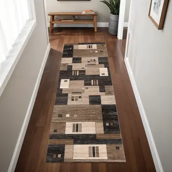 8' Beige Abstract Power Loom Runner Rug