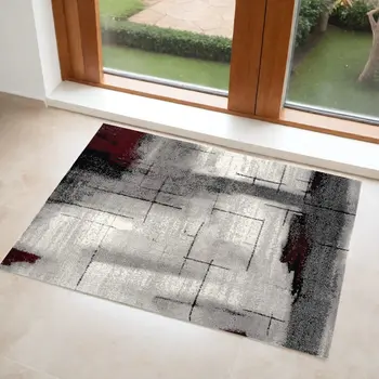 3' X 5' Gray And Burgundy Abstract Area Rug