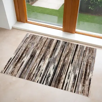 3' X 5' Beige Striped Power Loom Area Rug