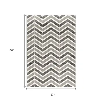 15' Gray And Ivory Chevron Distressed Runner Rug