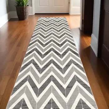15' Gray And Ivory Chevron Distressed Runner Rug