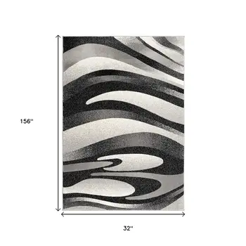 13' Black And Gray Abstract Shag Runner Rug