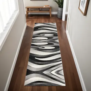 8' Gray Abstract Power Loom Runner Rug
