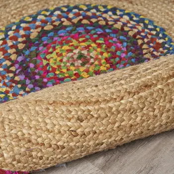 6' Blue And Red Jute Hand Woven Round Rug