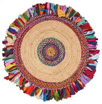 6' Blue And Red Jute Hand Woven Round Rug