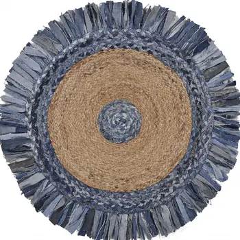 4' Blue And Beige Hand Woven Round Rug