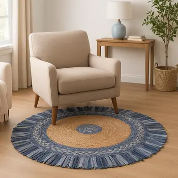 4' Blue And Beige Hand Woven Round Rug