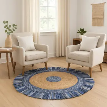 6' Blue And Beige Hand Woven Round Rug