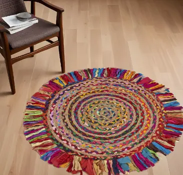 4' Rainbow Hand Woven Round Rug With Fringe