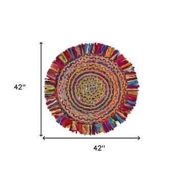 4' Rainbow Hand Woven Round Rug With Fringe