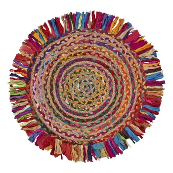 4' Rainbow Hand Woven Round Rug With Fringe