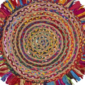 4' Rainbow Hand Woven Round Rug With Fringe