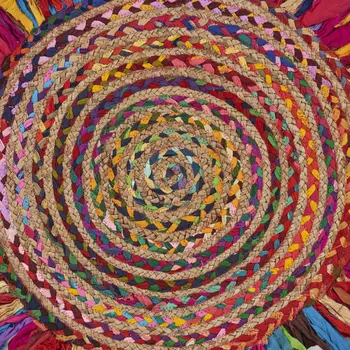 4' Rainbow Hand Woven Round Rug With Fringe
