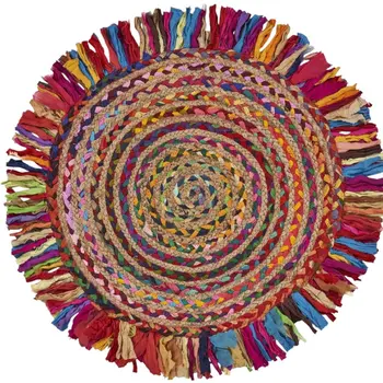 4' Rainbow Hand Woven Round Rug With Fringe