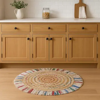 4' Blue And White Hand Woven Round Rug