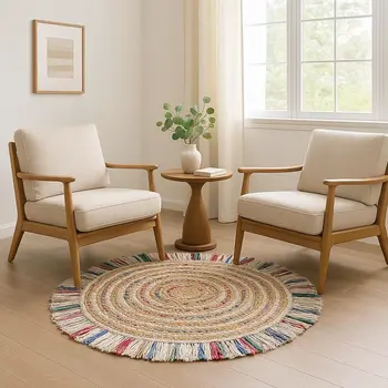 6' Blue And White Hand Woven Round Rug