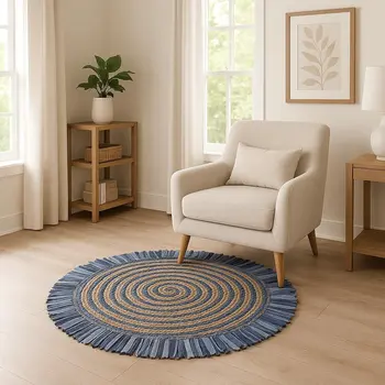 4' Blue And Beige Hand Woven Round Rug