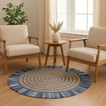 6' Blue And Beige Hand Woven Round Rug