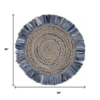 6' Blue And Beige Hand Woven Round Rug