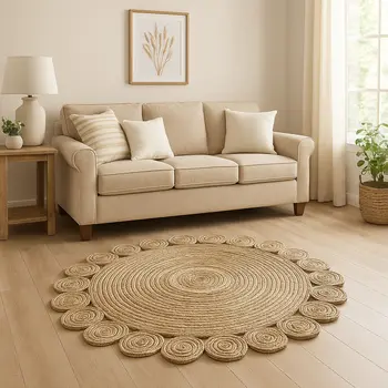 5' X 5' Beige Jute Hand Braided Area Rug