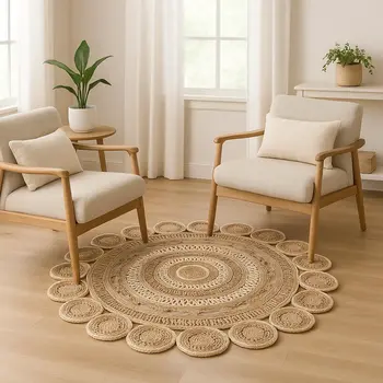 6' Beige Jute Hand Braided Round Rug