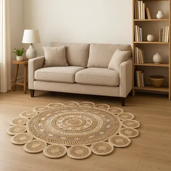 8' Beige Jute Hand Braided Round Rug