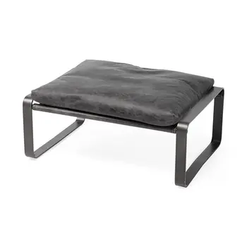 27" Black Genuine Leather Ottoman