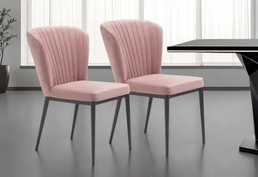 Set of Two Tufted Pink and Black Upholstered Velvet Wing Back Dining Side Chairs