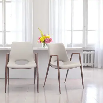 Set of Two Beige and Brown Upholstered Faux Leather Dining Arm Chairs