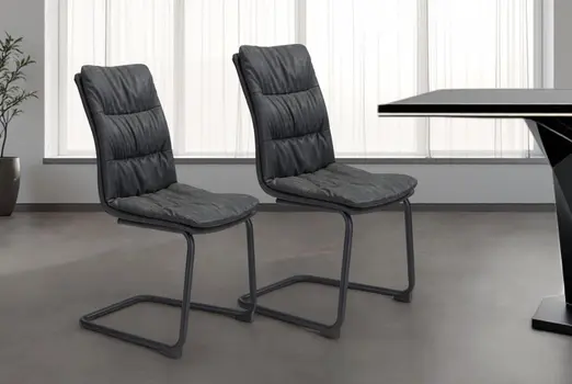 Set of Two Tufted Black Upholstered Faux Leather Dining Side Chairs
