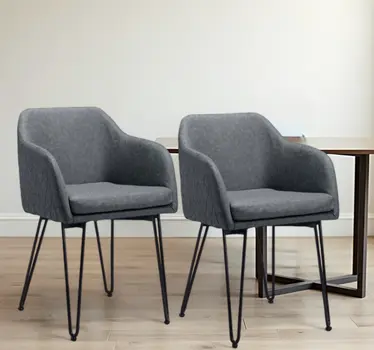 Set of Two Gray and Black Upholstered Faux Leather Dining Arm Chairs