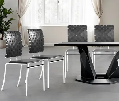Set of Four Black And Silver Upholstered Faux Leather Open Back Dining Side Chairs
