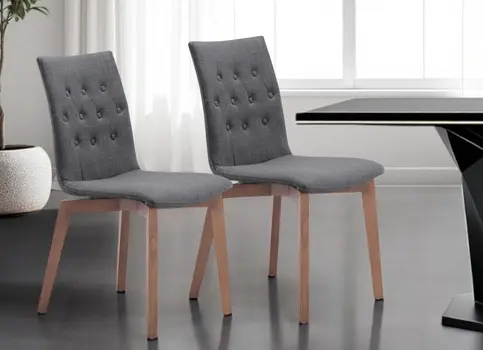 Set of Two Tufted Gray And Brown Upholstered Fabric Dining Side Chairs