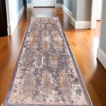 13' Gray And Ivory Oriental Runner Rug