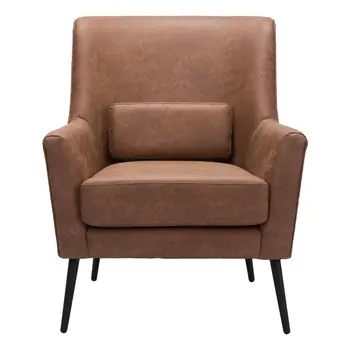 29" Brown And Black Faux Leather And Upholstered Arm Chair And Toss Pillow