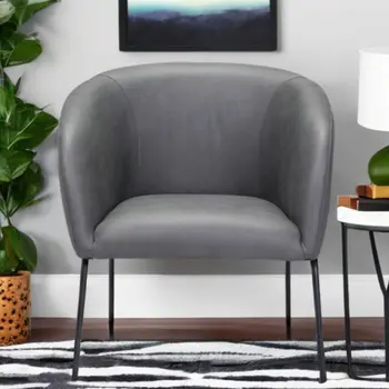 28" Gray And Black Faux Leather And Upholstered Club Chair