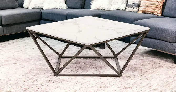 36" White and Antiqued Brass Faux Marble And Steel Square Abstract Coffee Table