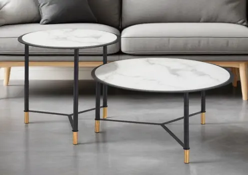 Set of Two White and Black Faux Marble And Glass And Steel Round Bunching Coffee Tables