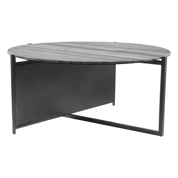 36" Gray and Black Faux Marble And Steel Round Coffee Table