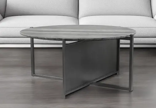 36" Gray and Black Faux Marble And Steel Round Coffee Table