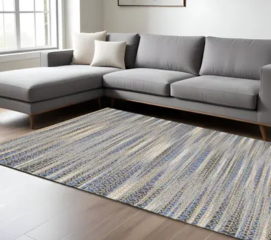9' X 12' Round Navy and Tan Striated Area Rug